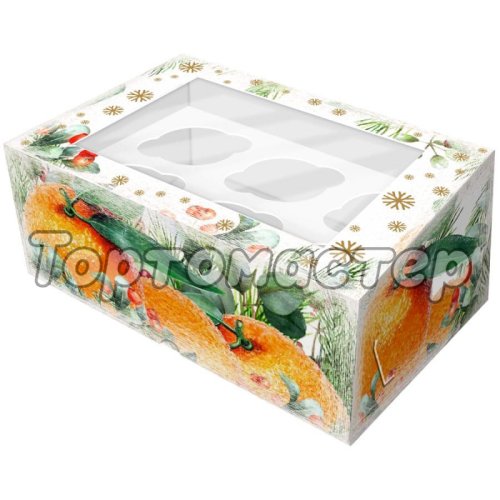Коробка на 6 капкейков с окошком Апельсины 25х17х10 см