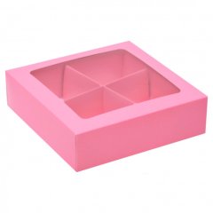 Коробка на 4 конфеты с окошком Розовая 12,6х12,6х3,5 см
