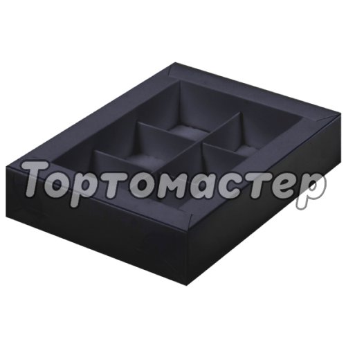 Коробка на 6 конфет с окошком Чёрная 13,7х9,8х3,8 см КУ-563