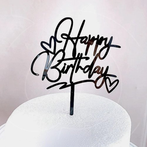 Топпер декоративный акриловый "Happy Birthday с сердечками" Чёрный 14,8х11,2 см 