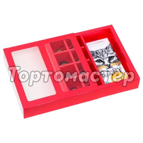 Коробка на 8 конфет и шоколадную плитку с окном красная КУ-349