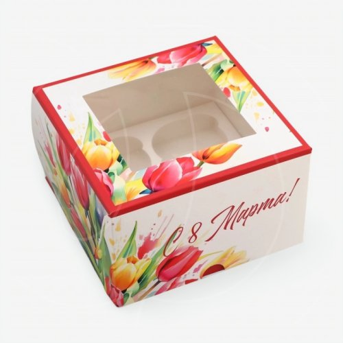 Коробка на 4 капкейка с окном "С 8 Марта!" 16х16х10 см 10716702