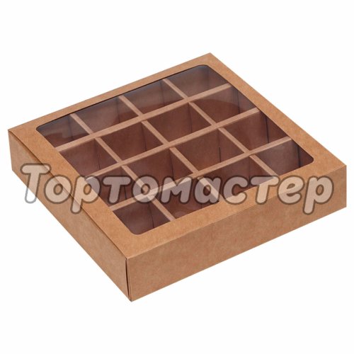 Коробка на 16 конфет с окошком Крафт 17,7х17,7х3,7 см КУ-237 