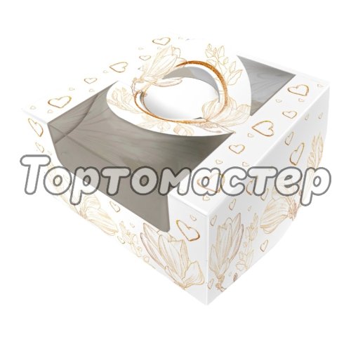 Коробка для бенто-торта с окном и ручкой Золотые сердечки 14х14х8 см КУ-793