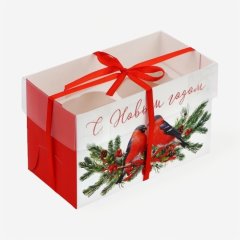 Коробка на 2 капкейка с прозрачной крышкой "Снегири" 16х8х10 см 10365402