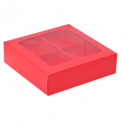 Коробка на 4 конфеты с окошком Красная 12,6х12,6х3,5 см КУ-022