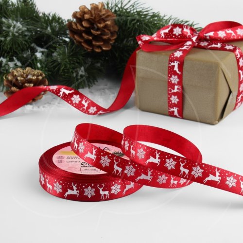 Лента для декора и упаковки "Олени" Красная 1,5 см 3557569
