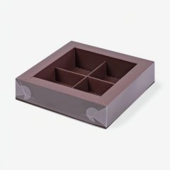 Коробка на 4 конфеты с прозрачной крышкой Коричневая 12х12х3 см 050906