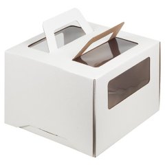Коробка для торта с маленьким окном и ручкой белая 28х28х20 см 